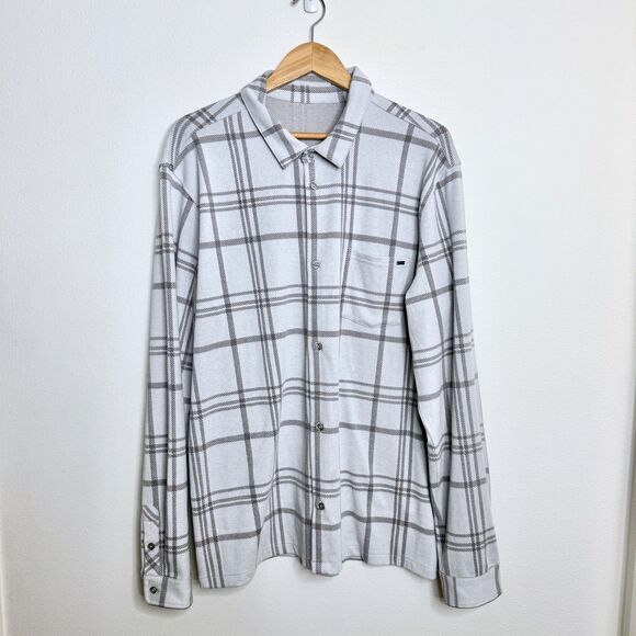 Vuori Men's XXL Seaview Plaid Flannel Button-Down Fleece Shirt Frost Grey White - Picture 4 of 9